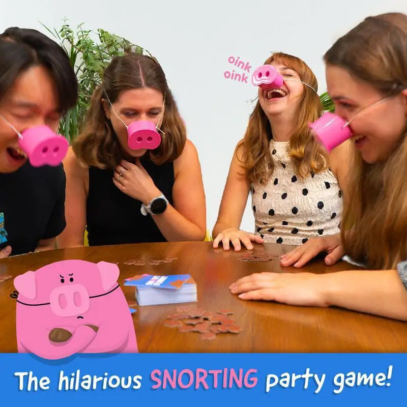 “You Laugh You Lose” Party Game, Snorts-Funny Board Game for Family Friend, 5 Toy Pig Noses & Challenge Cards