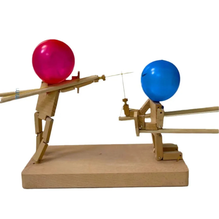 Man Battle Balloon Bamboo Wooden Fighter with Inflatable Head Fast-Paced Balloon Fight Wooden Bots Party Game for 2 Players Kids