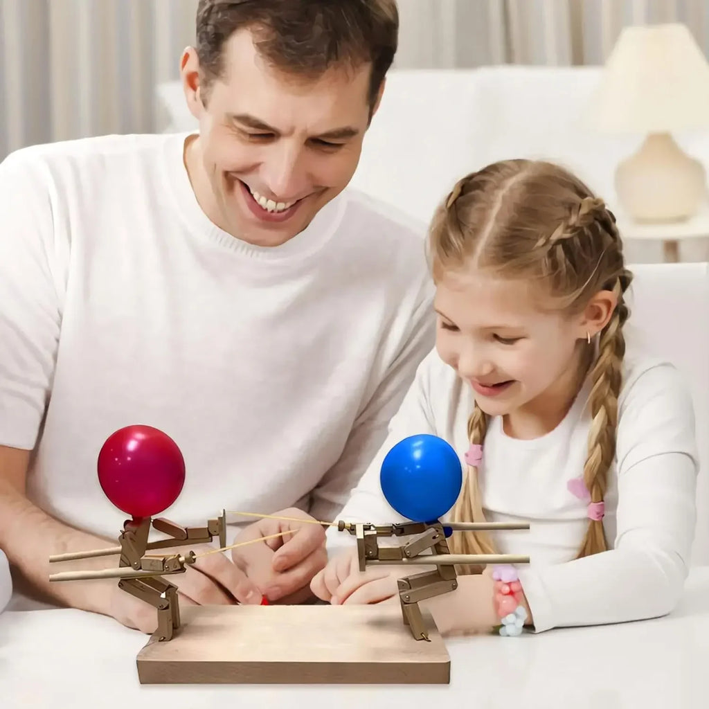 Man Battle Balloon Bamboo Wooden Fighter with Inflatable Head Fast-Paced Balloon Fight Wooden Bots Party Game for 2 Players Kids