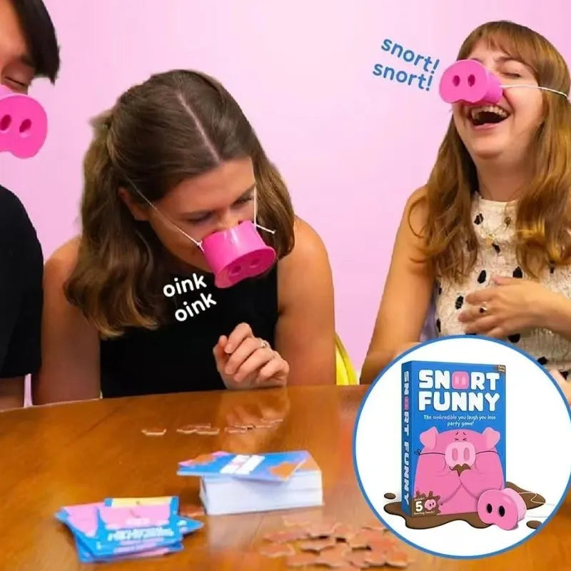 “You Laugh You Lose” Party Game, Snorts-Funny Board Game for Family Friend, 5 Toy Pig Noses & Challenge Cards